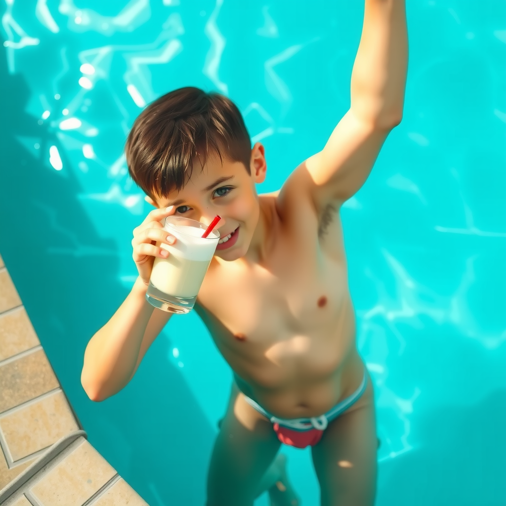 A Boy Enlarges Belly by Drinking Milkshake in Pool