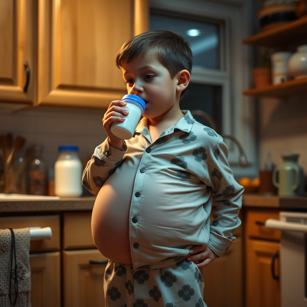 A Boy Growing Bigger Drinking Milk at Night