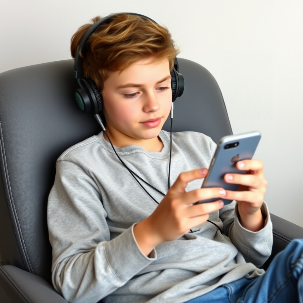 A Boy Sitting on Chair with Phone and Headphones.