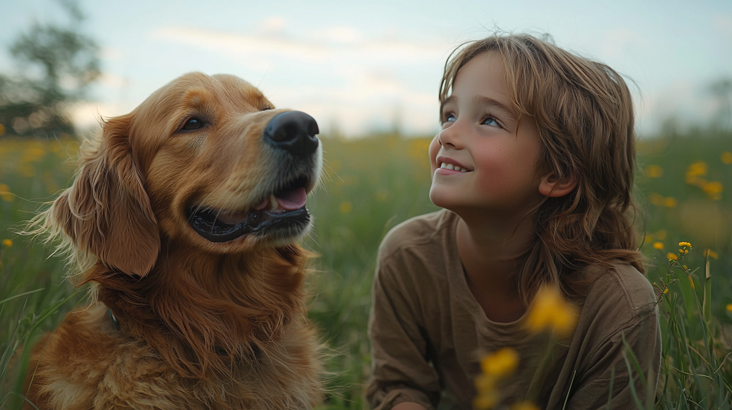 A Boy and His Dog Playing On Field