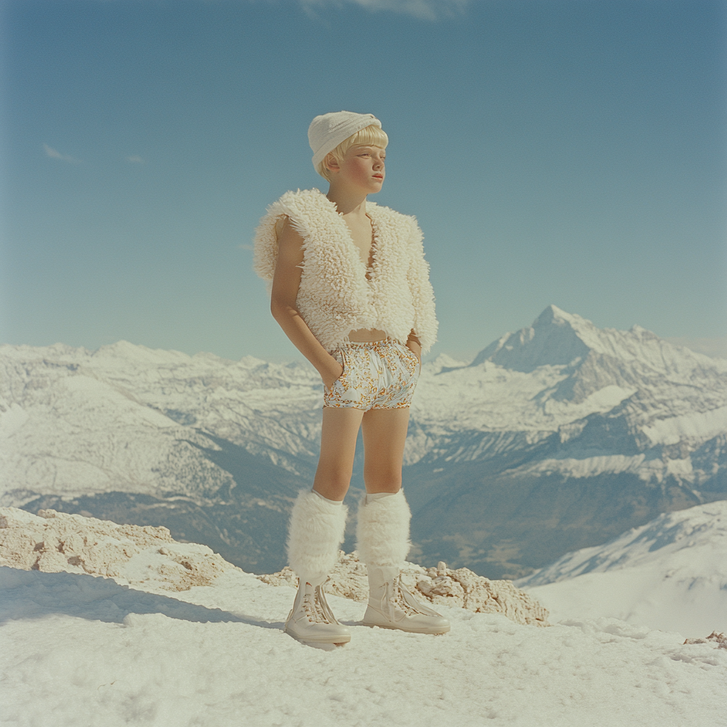 A Boy in Funny Outfit Standing on Snowy Mountain