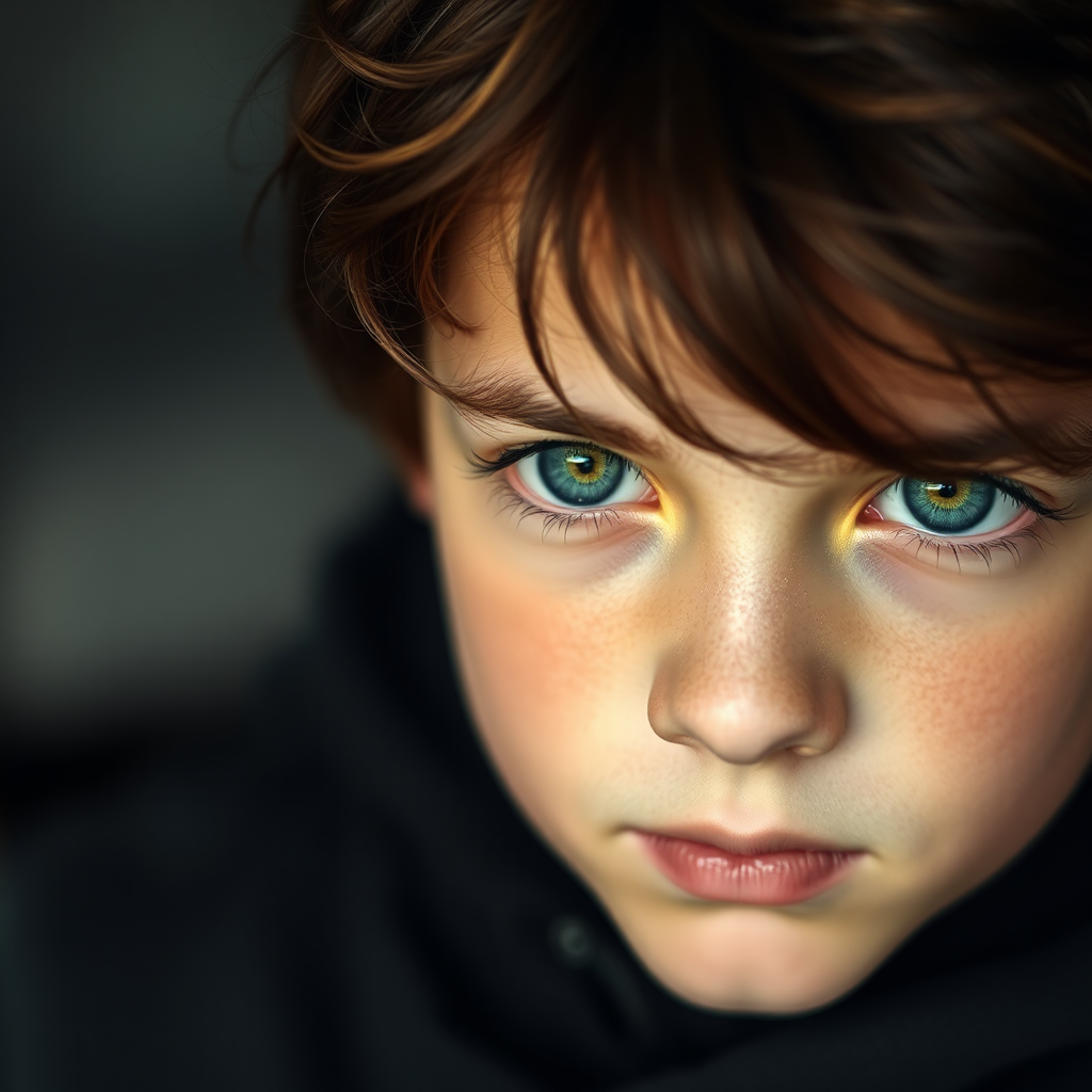 A Boy with Green Eyes and Brown Hair.