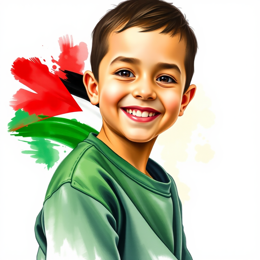 A Boy with Palestinian Flag Colors Smiling, Gouache.