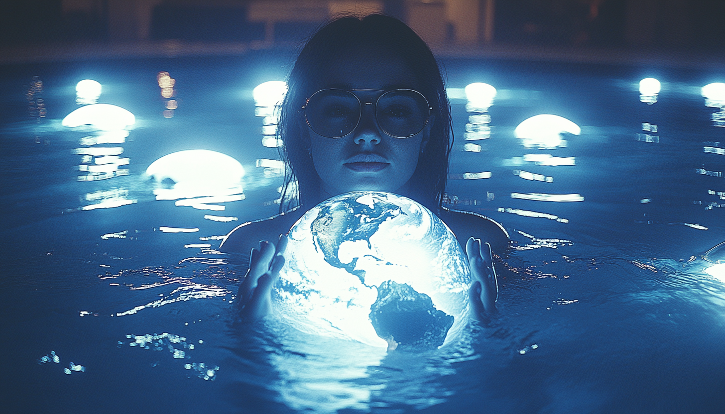 A Brazilian woman floats with Earth, surrounded by sharks