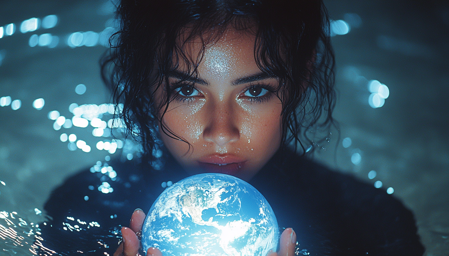 A Brazilian woman holding Earth in purple water