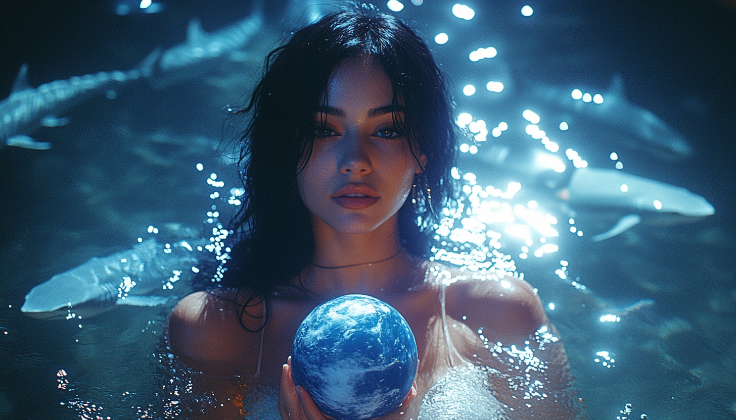 A Brazilian woman in water holding Earth, surrounded by sharks