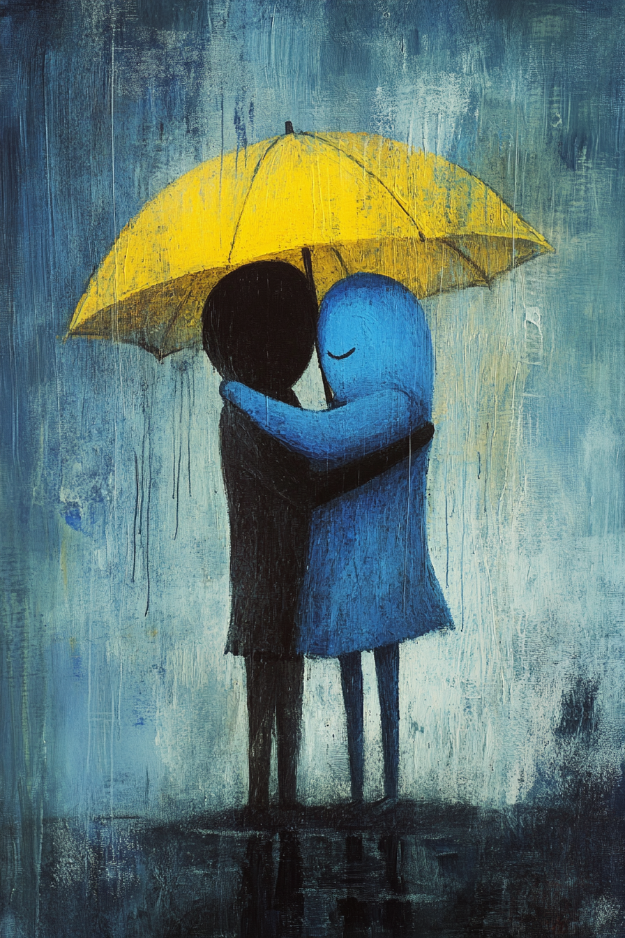 A Bright Silhouette Embraces Dark Figure with Umbrella