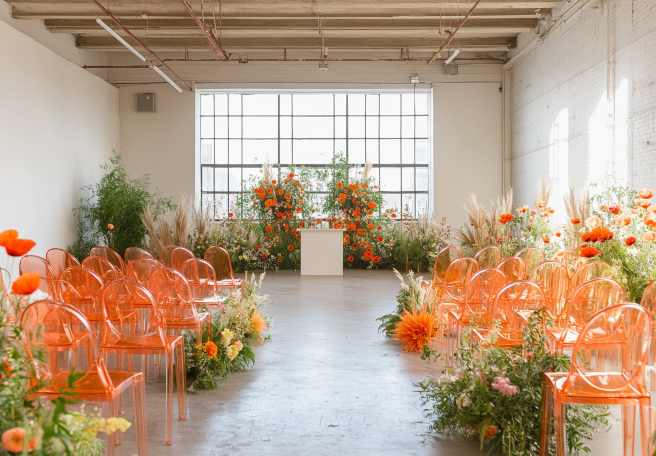 A Bright Wedding Ceremony Decor with Poppies and Grass