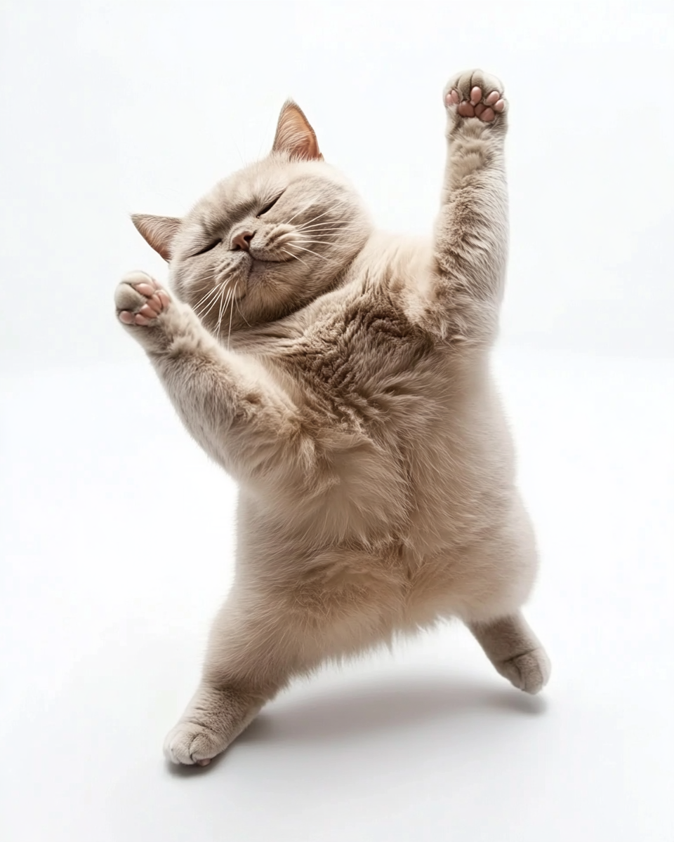 A British Shorthair cat dances gracefully on white.