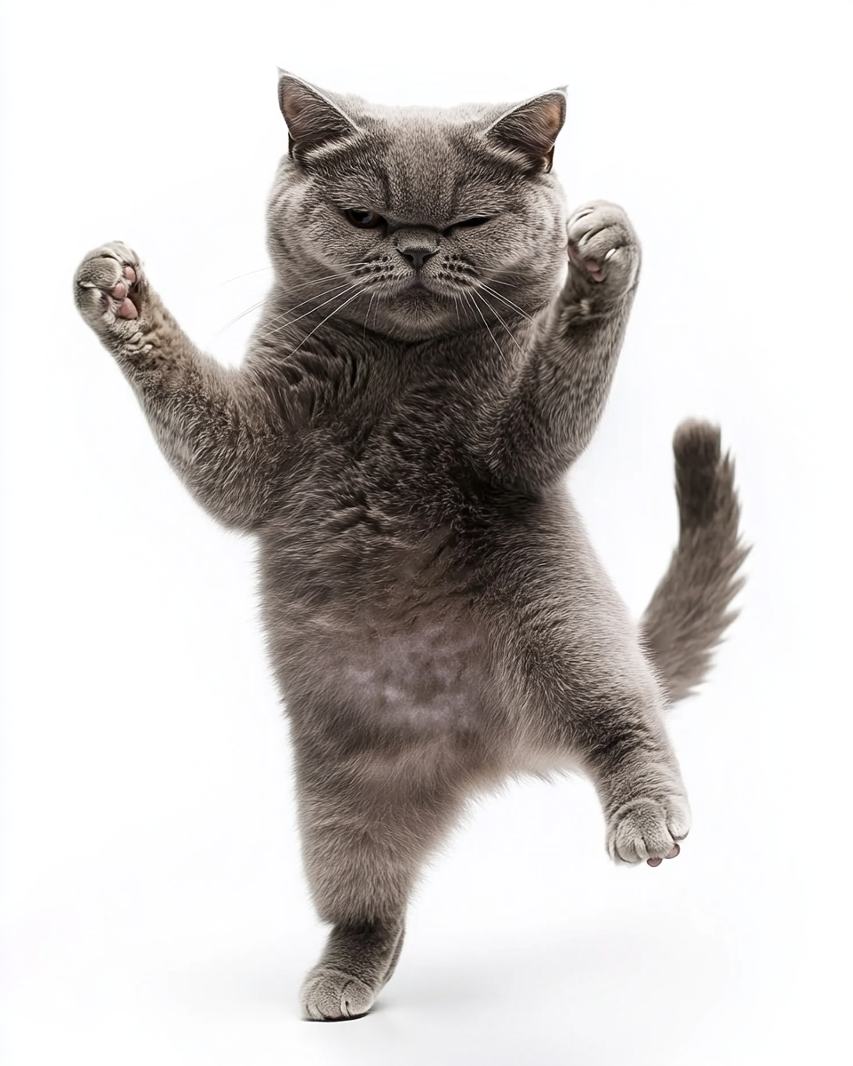 A British shorthair cat dancing happily in gymnastic pose.