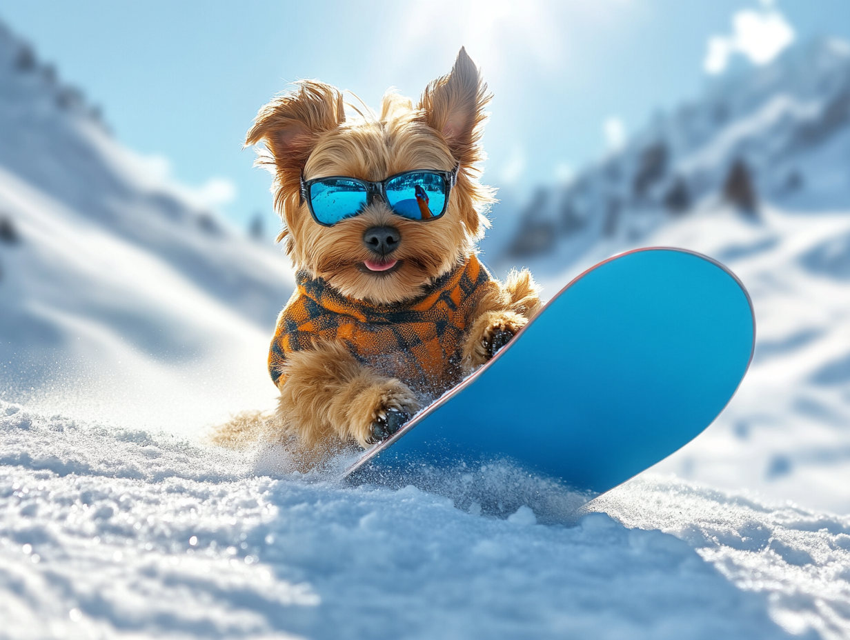 A Brown Pekinesen Snowboarding on Sunny Winter Day