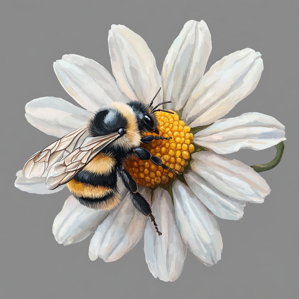 A Bumblebee on a Daisy in Watercolor