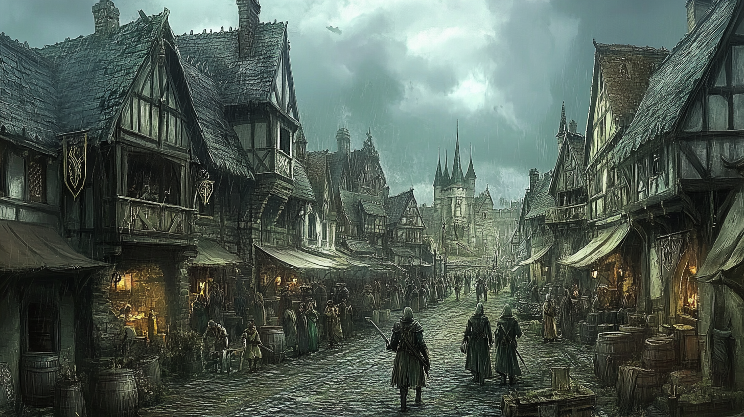 A Bustling Medieval Town under Overcast Skies