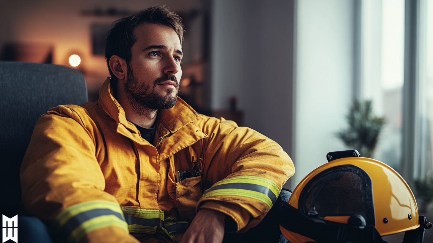 A Calm Firefighter Reflecting in Quiet Room