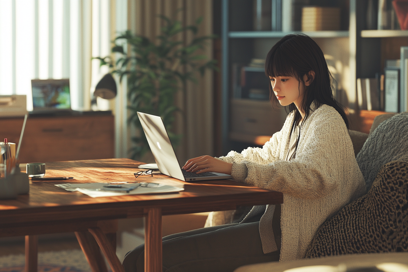 A Calm Japanese Woman Budgeting in Modern Living Room updated