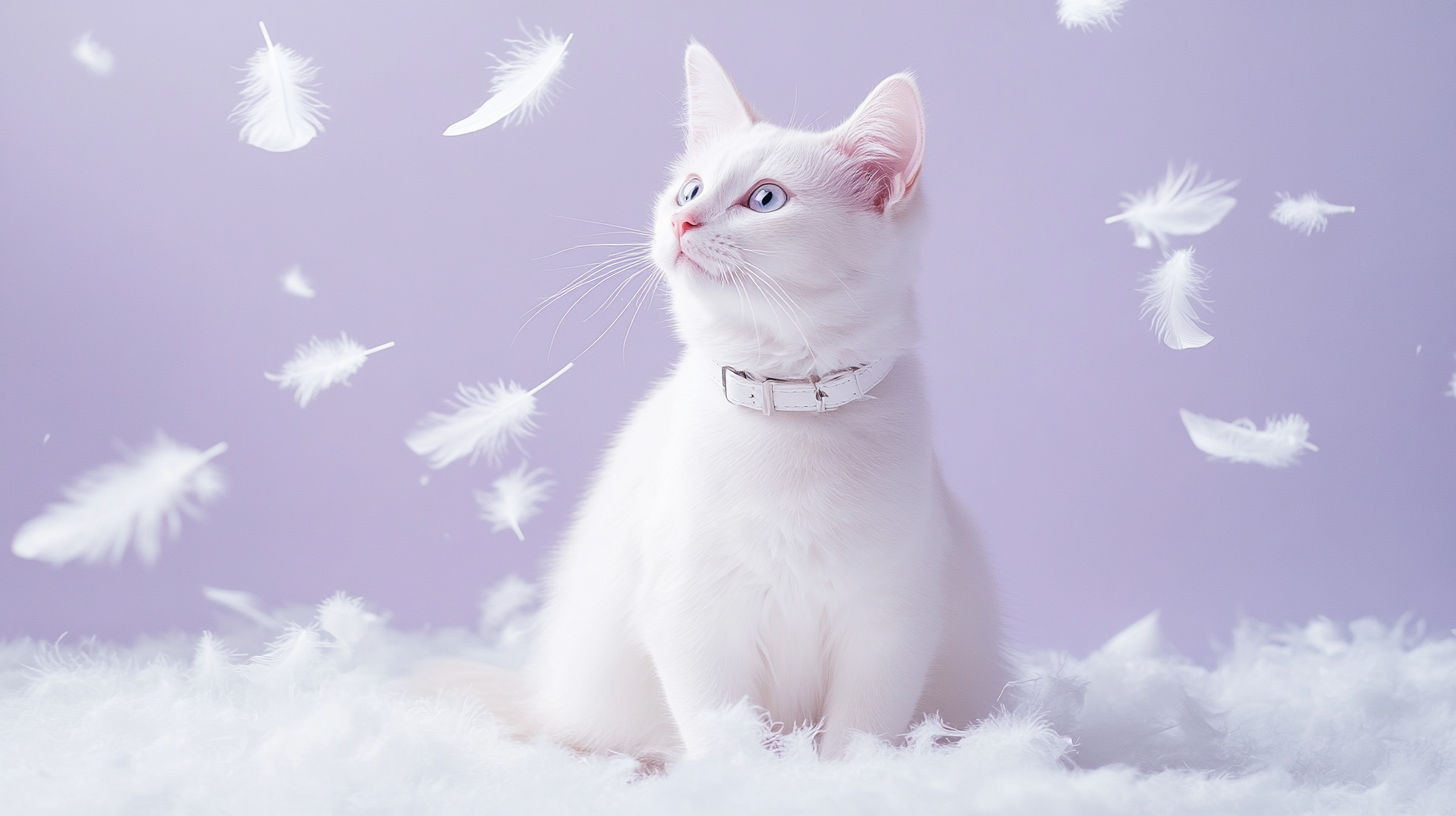 A Calm White Cat Surrounded by Fluffy Feathers