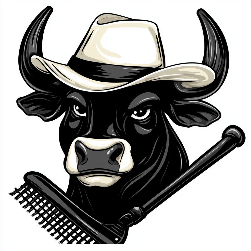 A Cartoon Bull with White Hat and Rake Logo