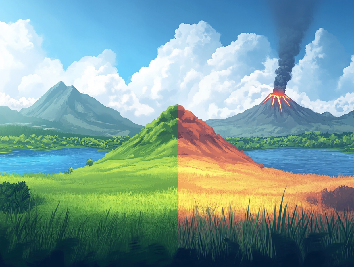 A Cartoon Landscape with Grassland, Lake, and Volcano