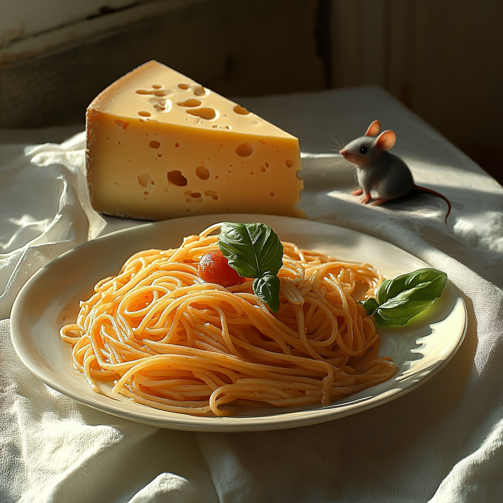 A Cartoon Mouse with Pasta and Cheese