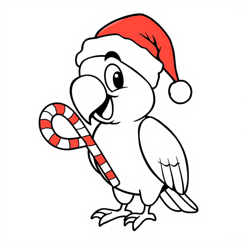 A Cartoon Parrot in Santa Hat with Candy Cane