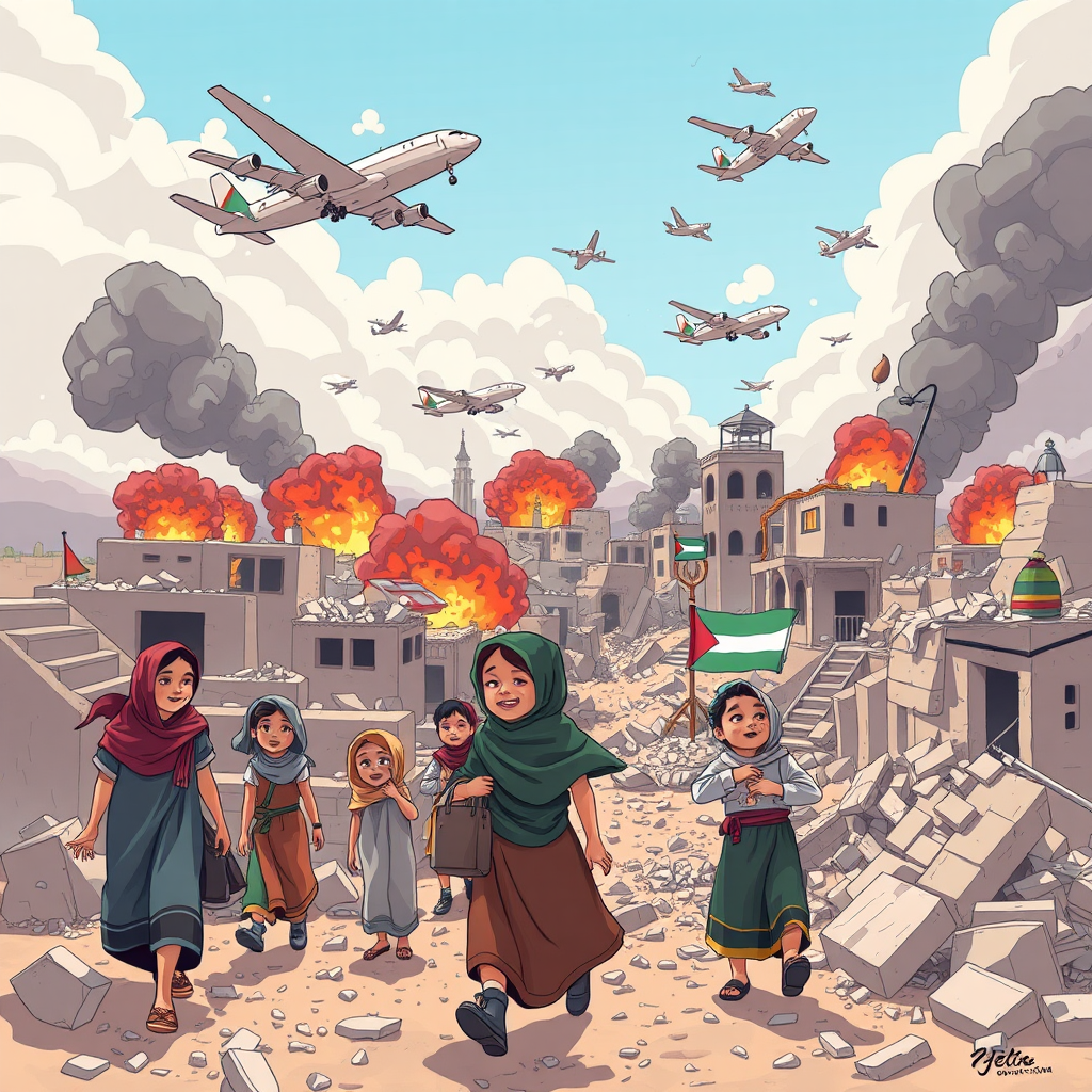 A Cartoon War Scene in Palestine With Bombing