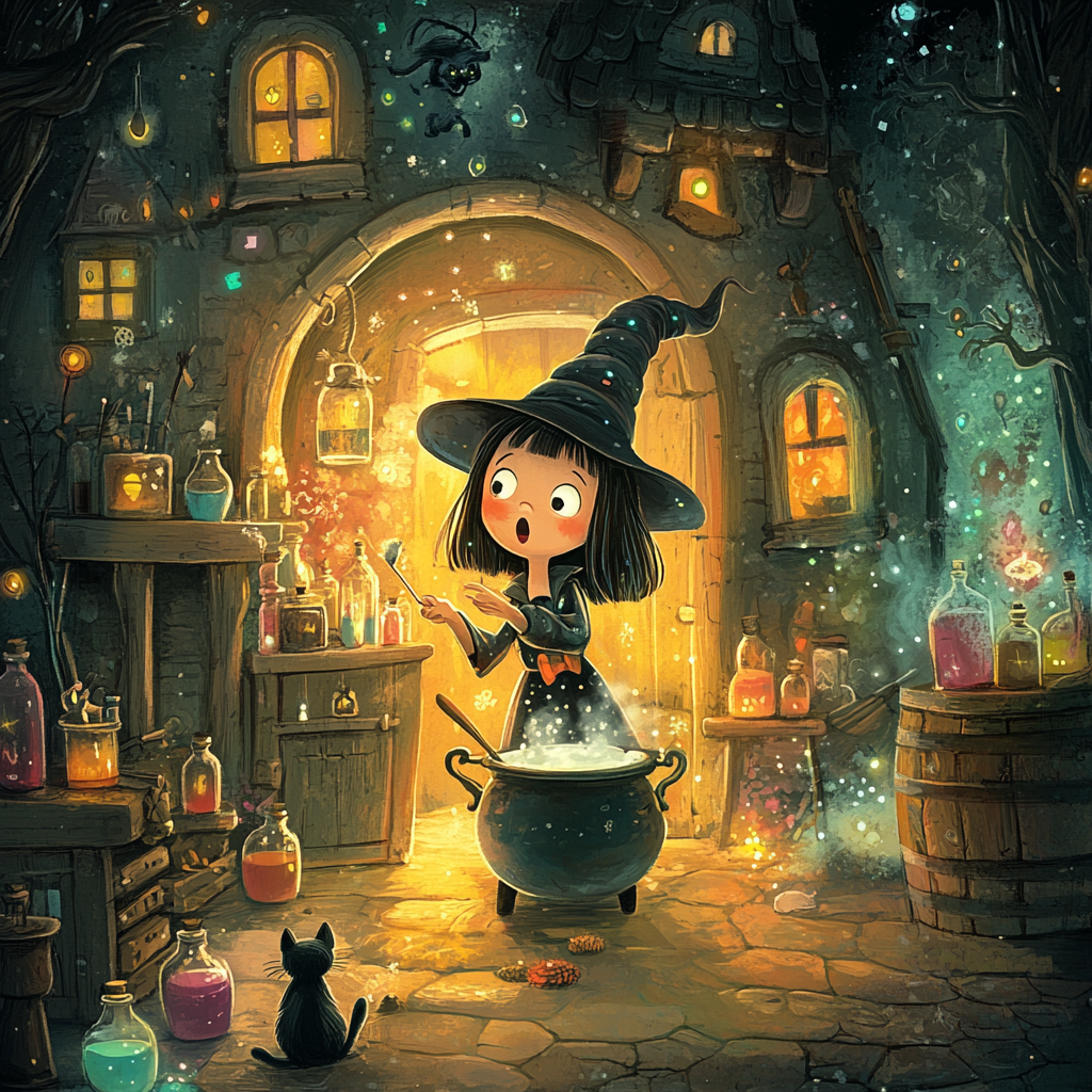 A Cartoon Witch Mixing Potions in House