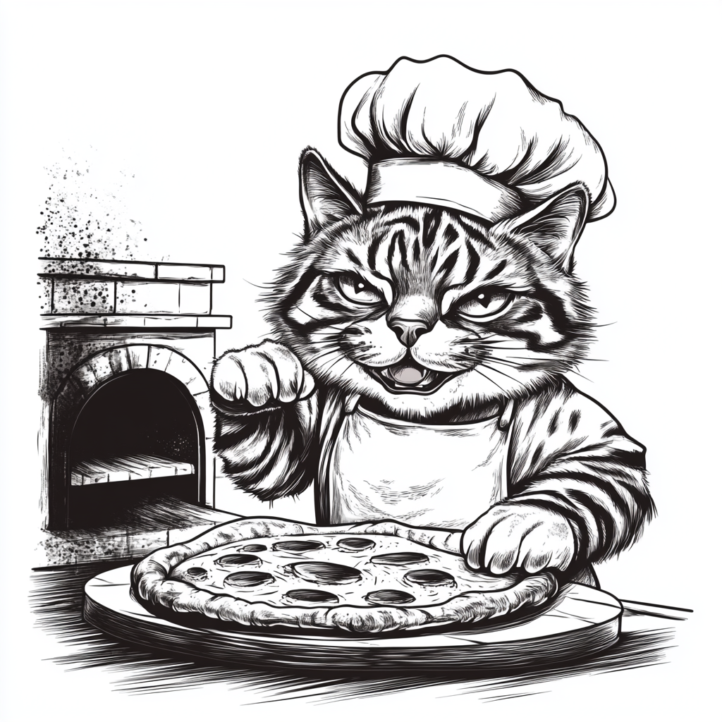 A Cat Chef Making Pizza in Cartoon Style