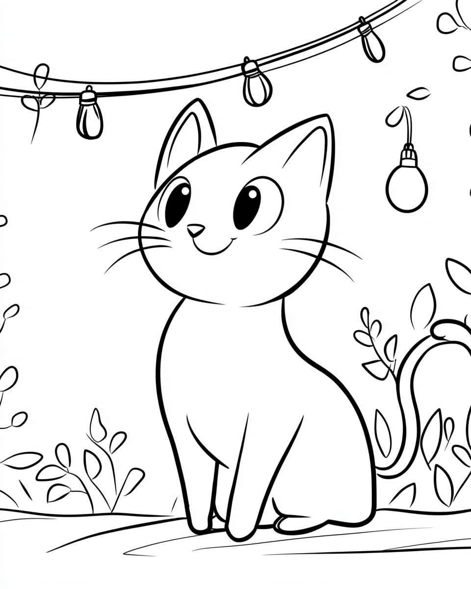 A Cat Entangled in Christmas Lights Coloring Page