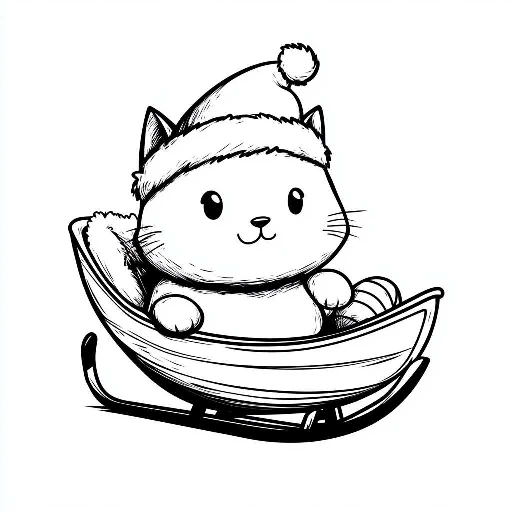 A Cat Wearing Santa Hat in Sleigh