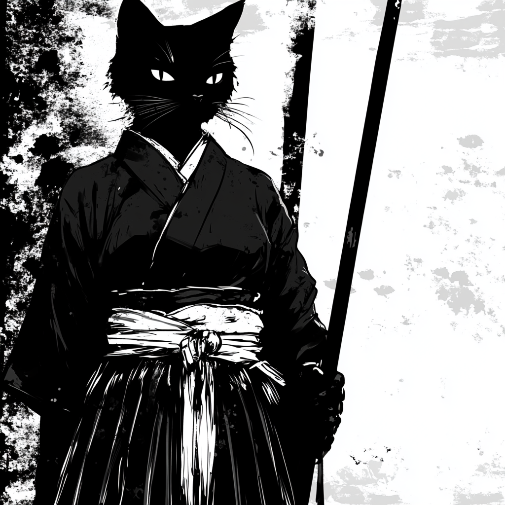 A Cat Woman Holds Polearm in Black & White