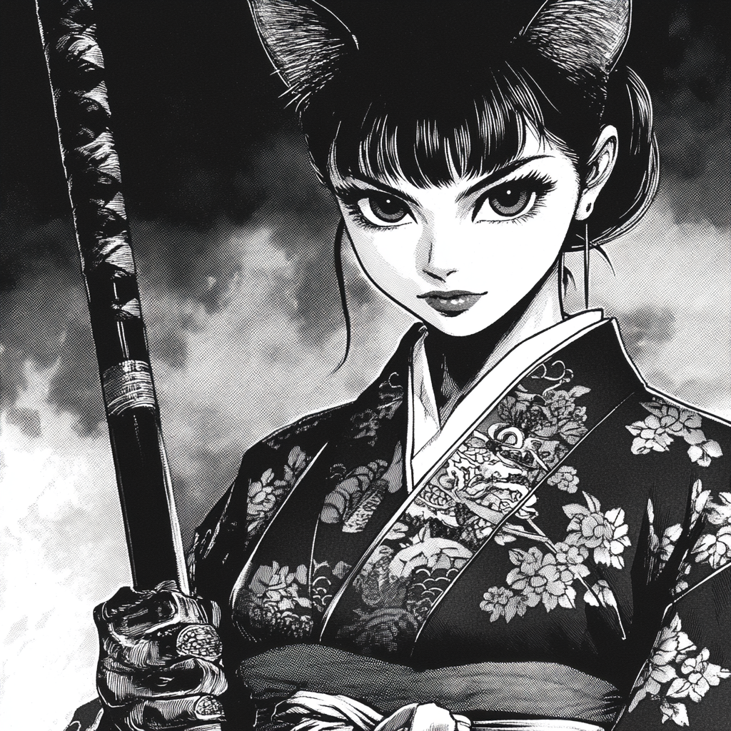 A Cat Woman with Polearm in Black Manga