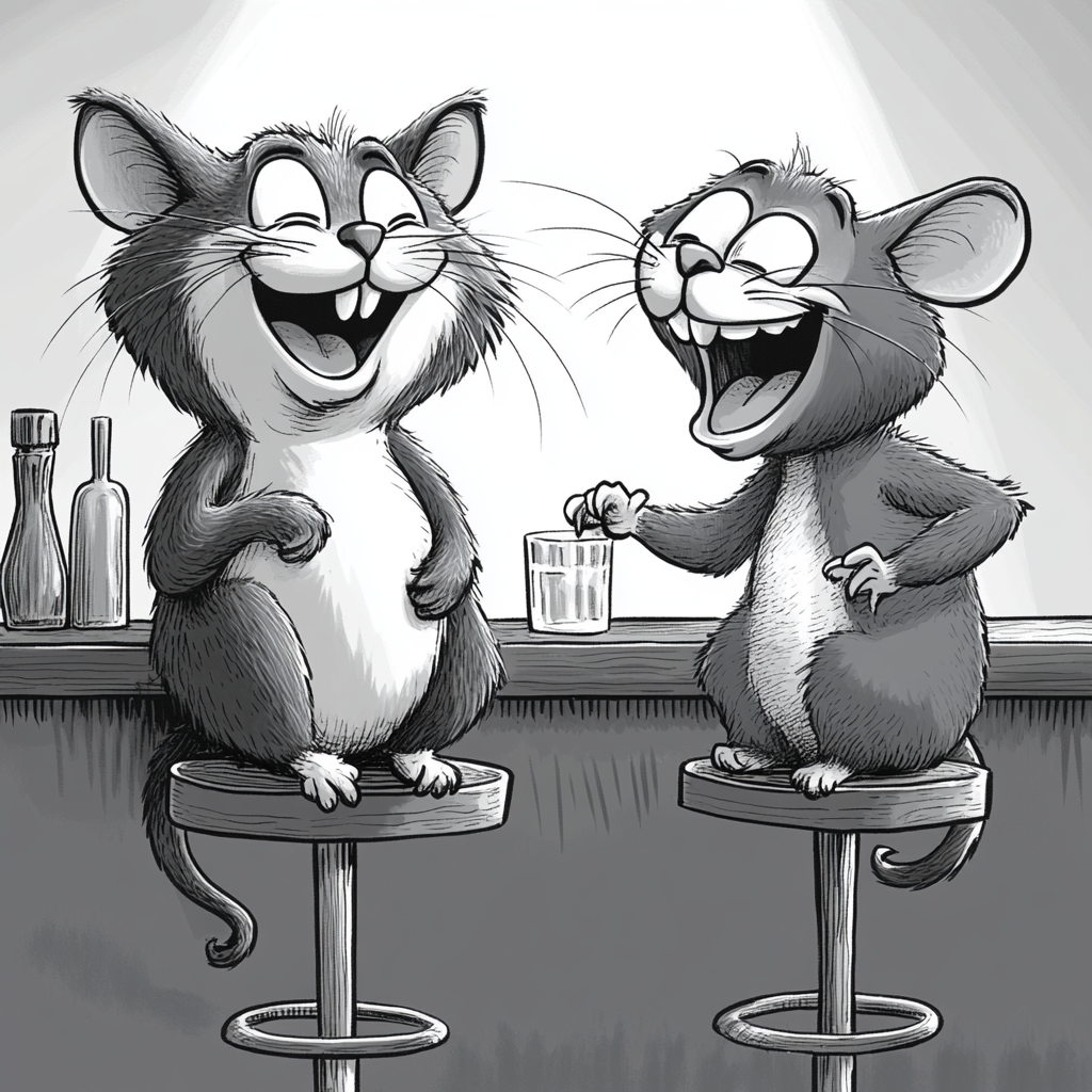 A Cat and Mouse Laughing at Bar