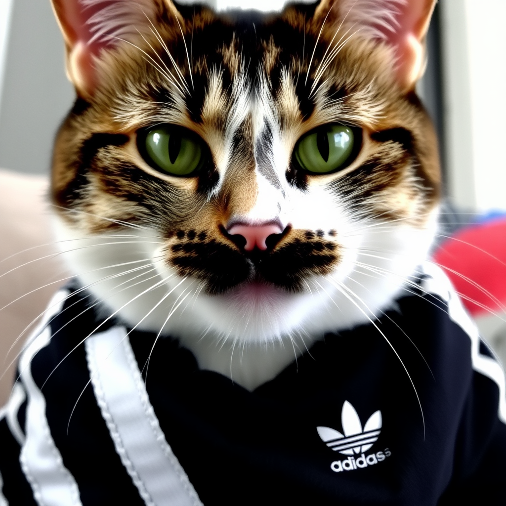 A Cat with Adidas shoes, mustache, and tattoos