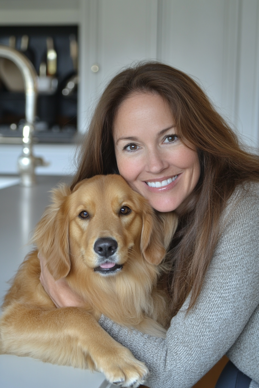 A Caucasian Woman with Brown Hair and Puppy