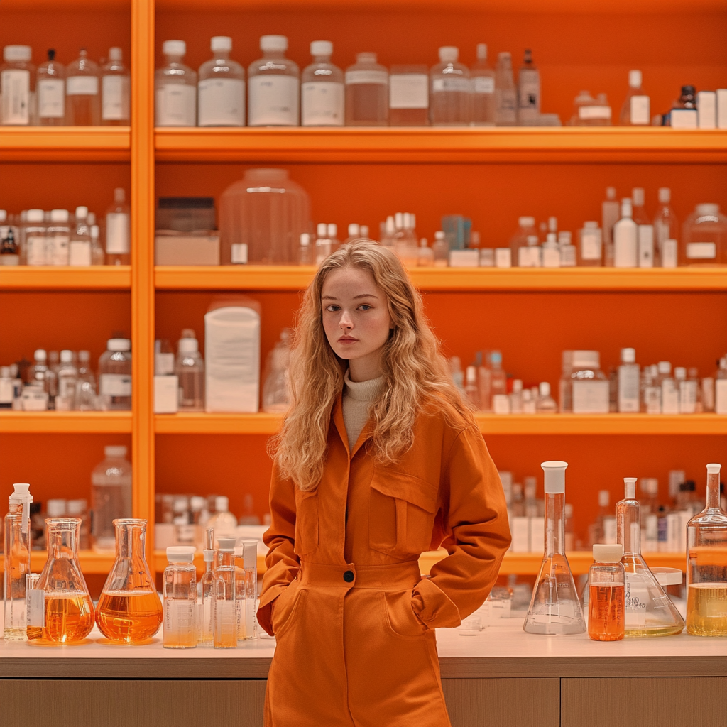 A Caucasian model in orange lab with shelves