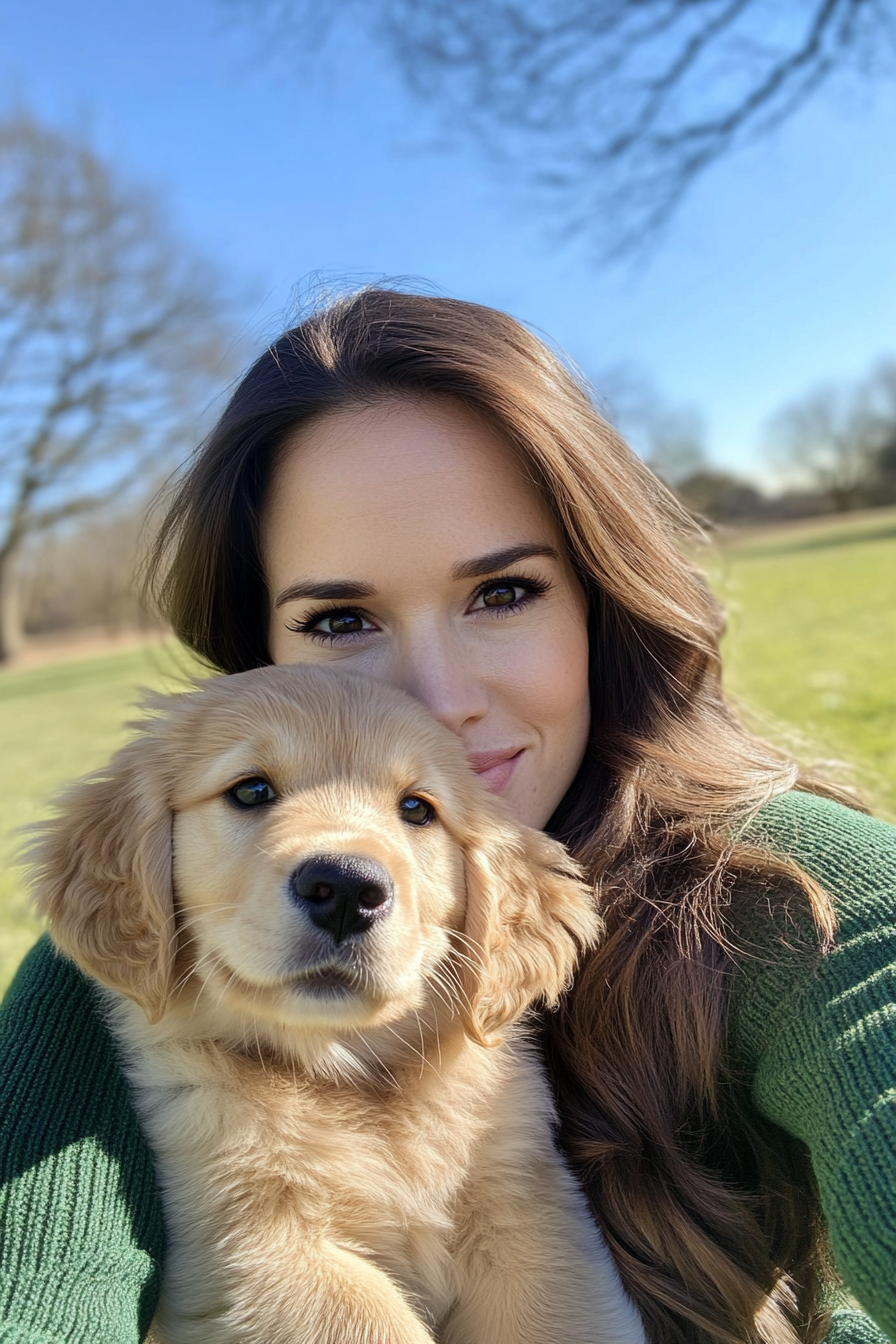 A Caucasian woman with a puppy in the park