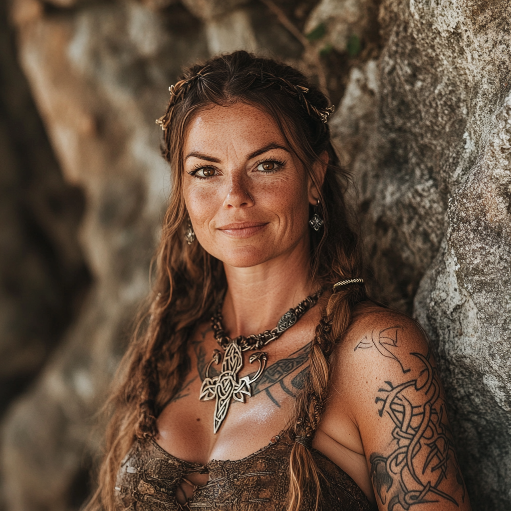 A Celtic Warrior Woman with Tattoos Standing Strong