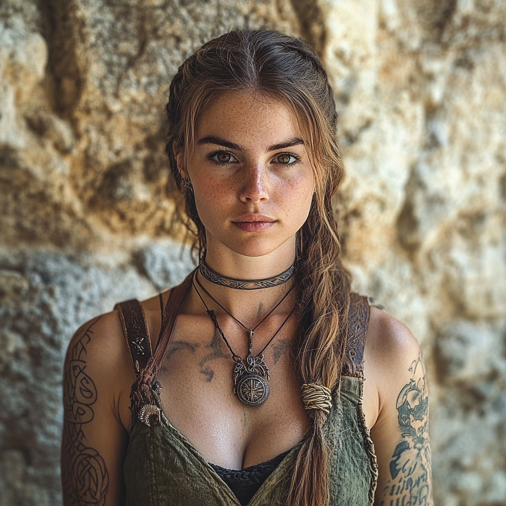 A Celtic warrior standing in front of wall.