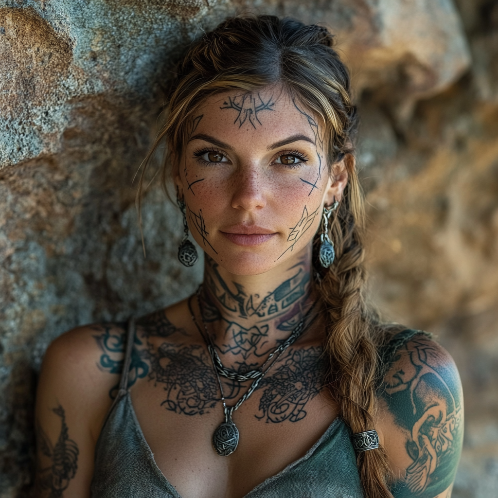 A Celtic warrior with tattoos in front of wall.