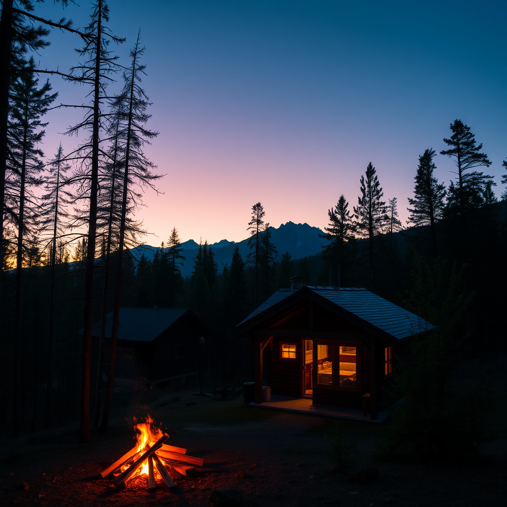 A Chalet and Glowing Fire with Mountain Backdrop
