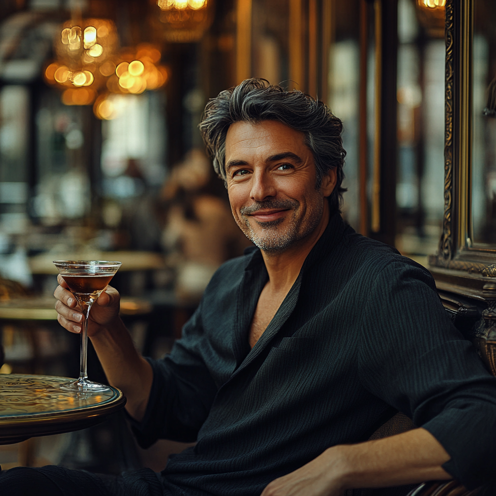 A Cheerful Elderly Man Savoring Martini in Paris