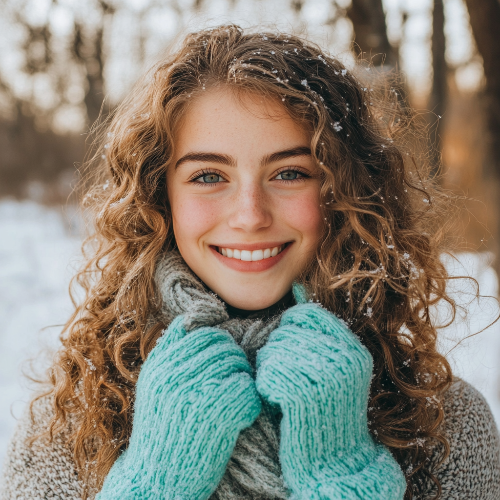 A Cheerful European Girl Enjoying Snow in Winter