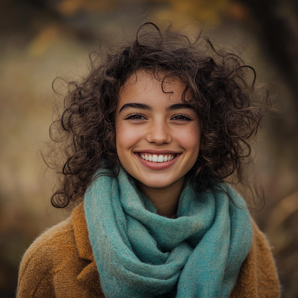 A Cheerful European Girl Smiling Outdoors in Cozy Outfit