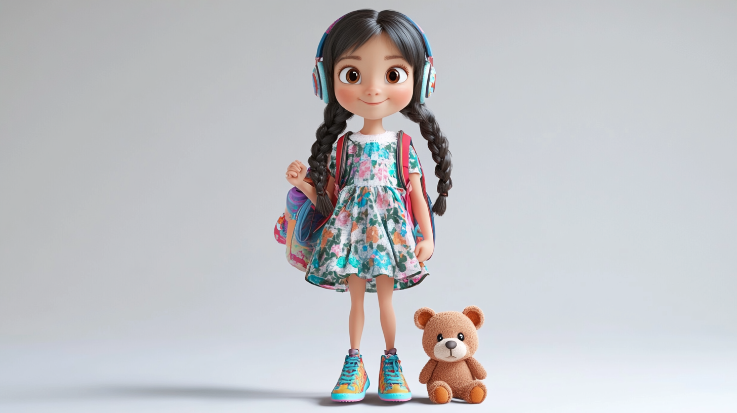 A Cheerful Kazakh Girl with Teddy and Backpack