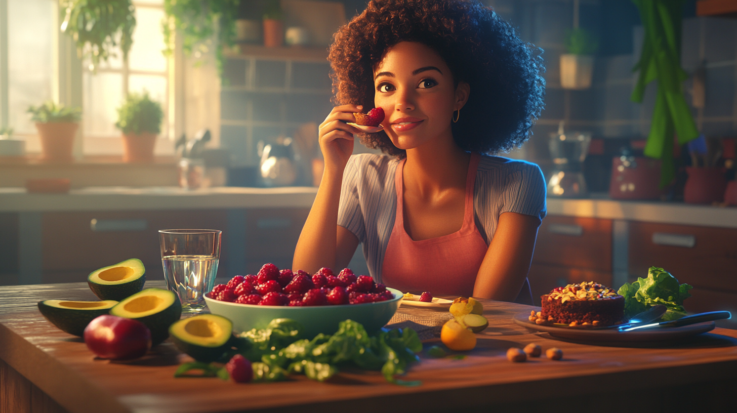 A Cheerful Woman Eating Healthy at Kitchen Table