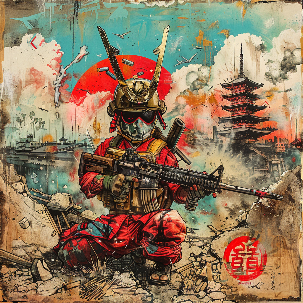 A Child Soldier in Samurai Mask in Ruined City