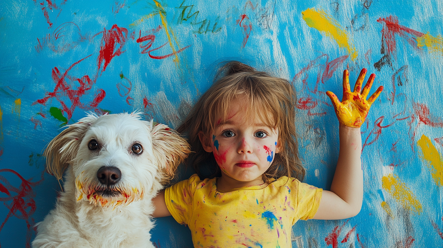 A Child and Dog in Messy Finger Paint