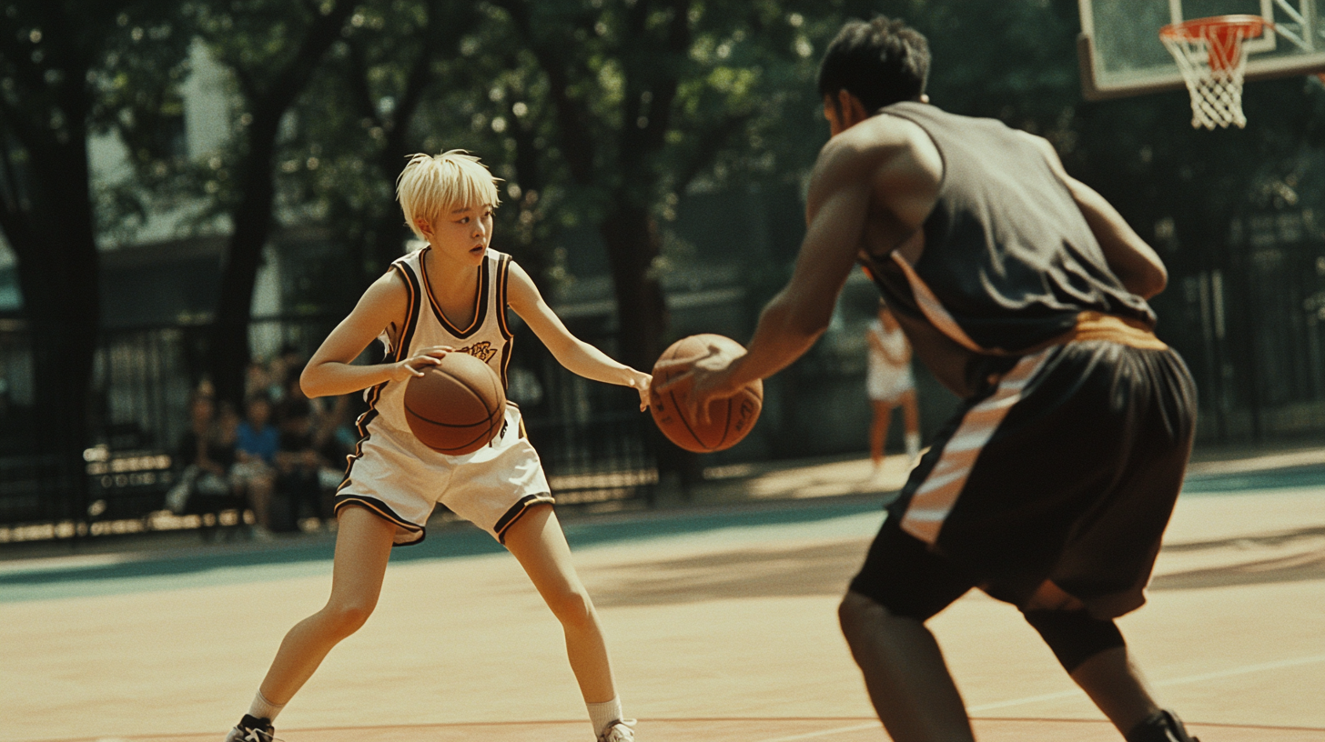 A Chinese Girl Plays Basketball Outdoors