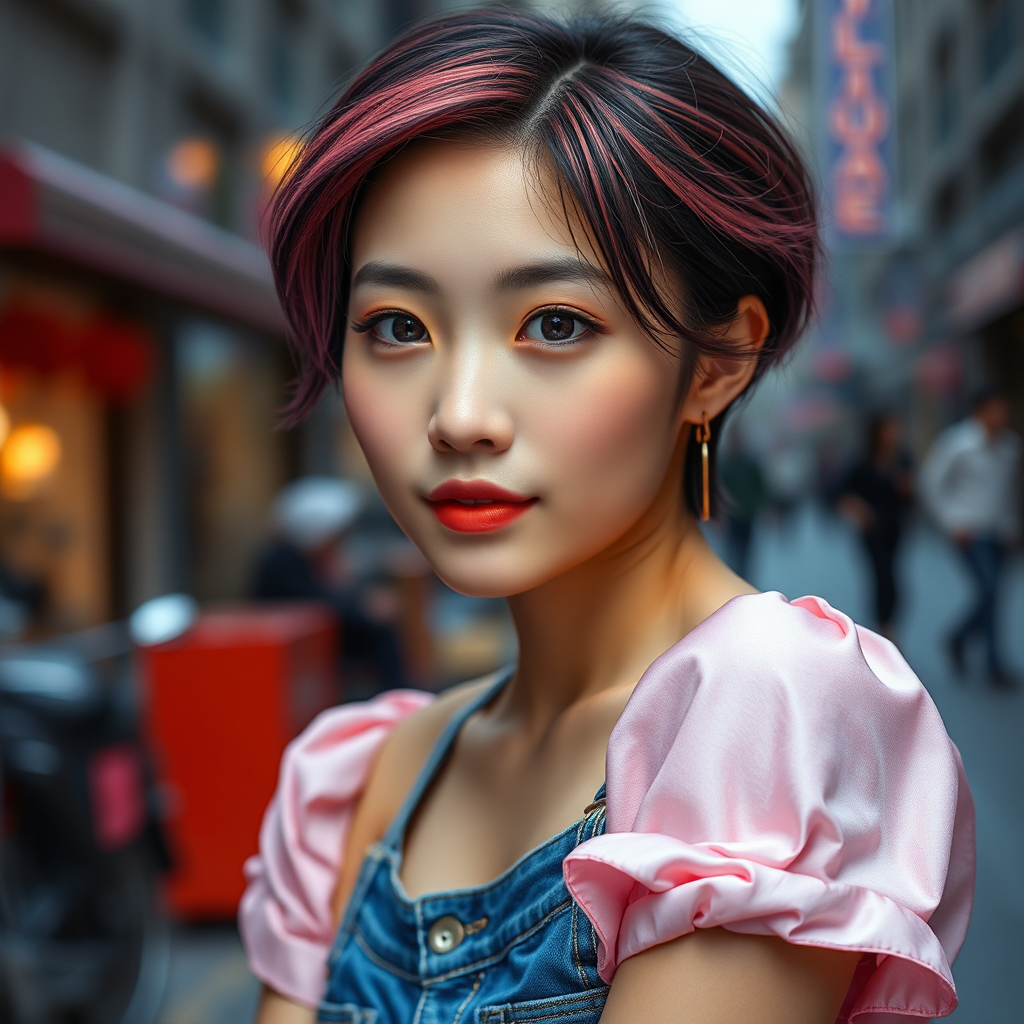 A Chinese Girl with Colorful Hair in City