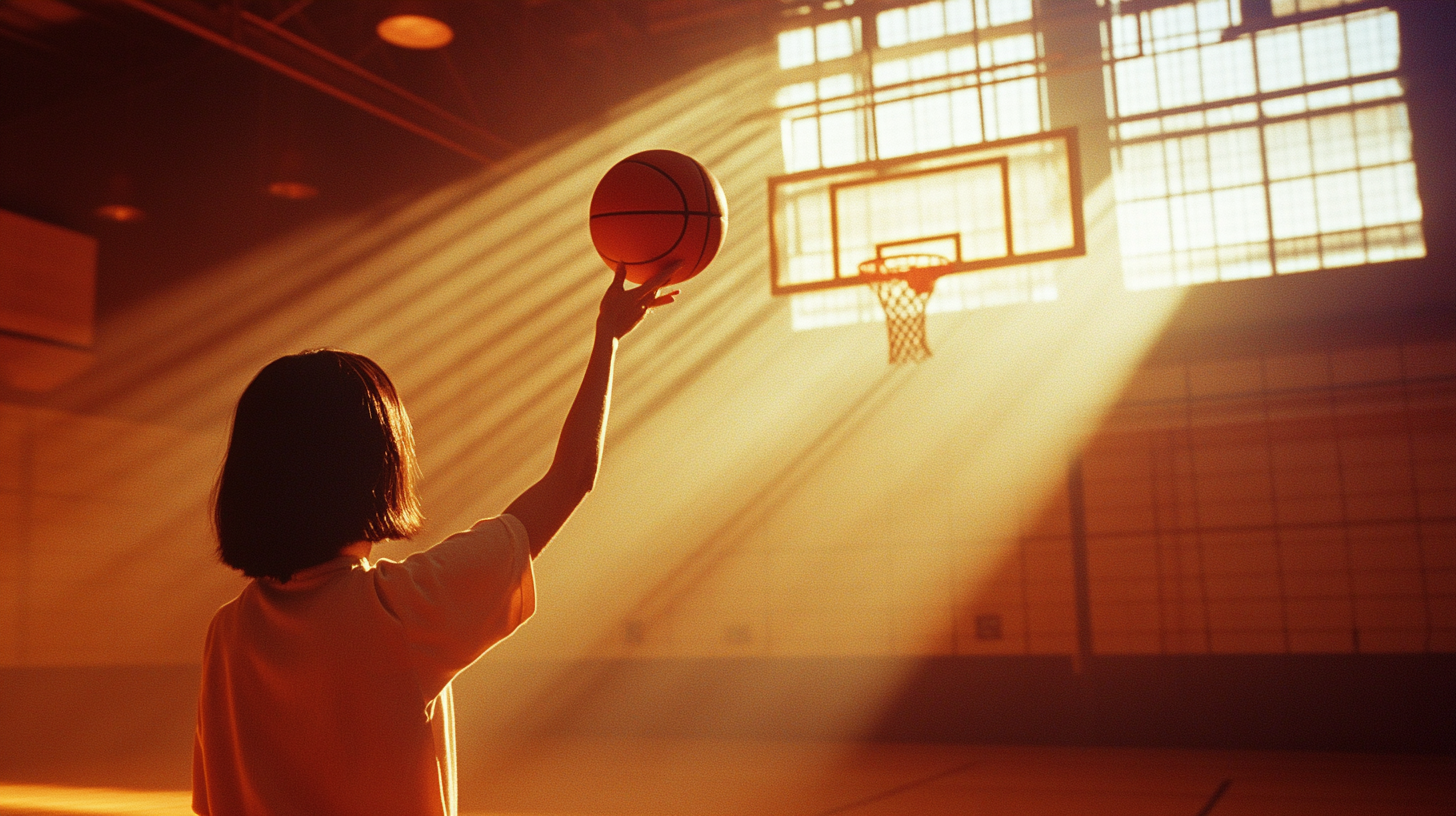 A Chinese Woman Shooting a Basketball Indoors